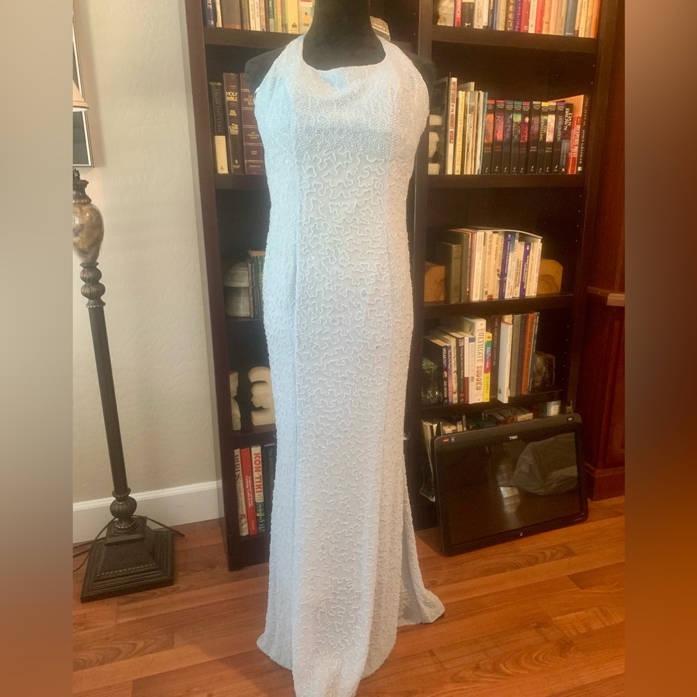 Nina Carracci Baby Blue Formal Evening Prom Dress with scarf.